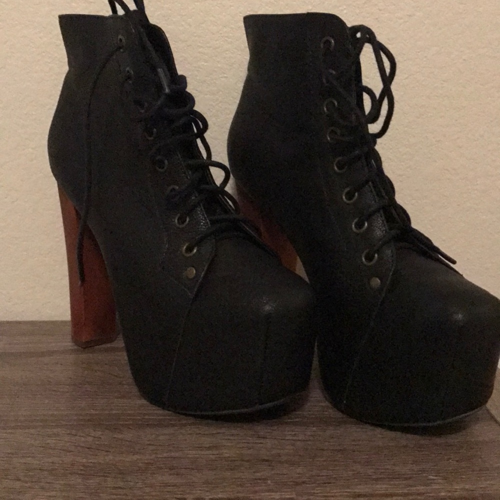 Jeffrey Campbell Black Lace-Up Platform Ankle Boots with Brown Block Heels